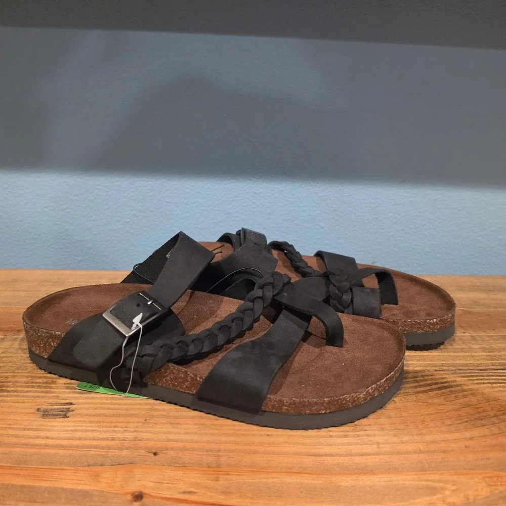 Mountain Sole Womens Leather Sandal Black Braided Buckle Slide Toe Loop Size 7